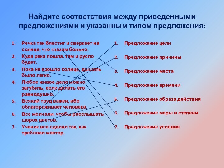 Найдите соответствия между приведенными предложениями и указанным типом предложения:Речка так блестит и