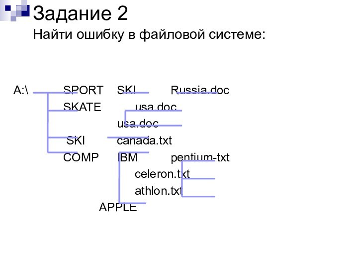 A:\		SPORT	SKI		Russia.doc			SKATE		usa.doc					 	usa.doc			 SKI		canada.txt			COMP	IBM		pentium-txt							celeron.txt							athlon.txt					APPLE	Задание 2  Найти ошибку в файловой системе: