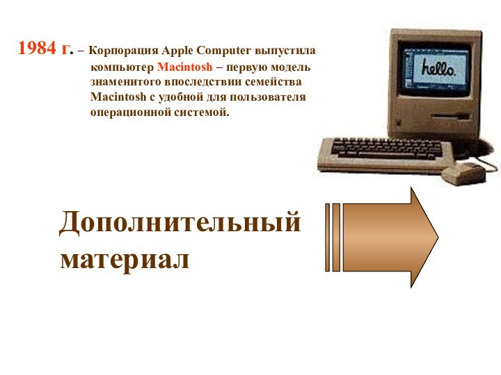 1984 г. – Корпорация Apple Computer выпустила компьютер Macintosh – первую модель