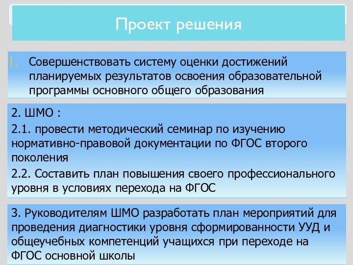 Совершенствовать систему оценки достижений планируемых результатов освоения образовательной программы основного общего образования2.