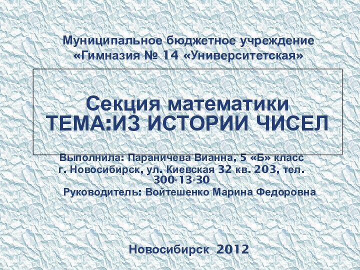 Муниципальное бюджетное учреждение «Гимназия № 14 «Университетская» Выполнила: Параничева Вианна, 5 «Б»