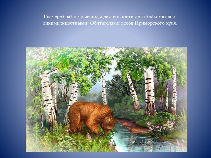 Так через различные виды деятельности дети знакомятся с дикими животными. Обитателями лесов Приморского края.