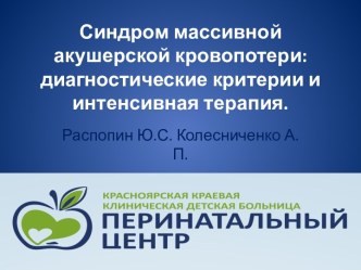 Синдром массивной акушерской кровопотери: диагностические критерии и интенсивная терапия.