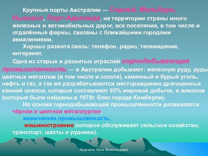 Карезина Нина Валентиновна	Крупные порты Австралии — Сидней, Мельбурн, Ньюкасл, Порт-Аделаида, на территории