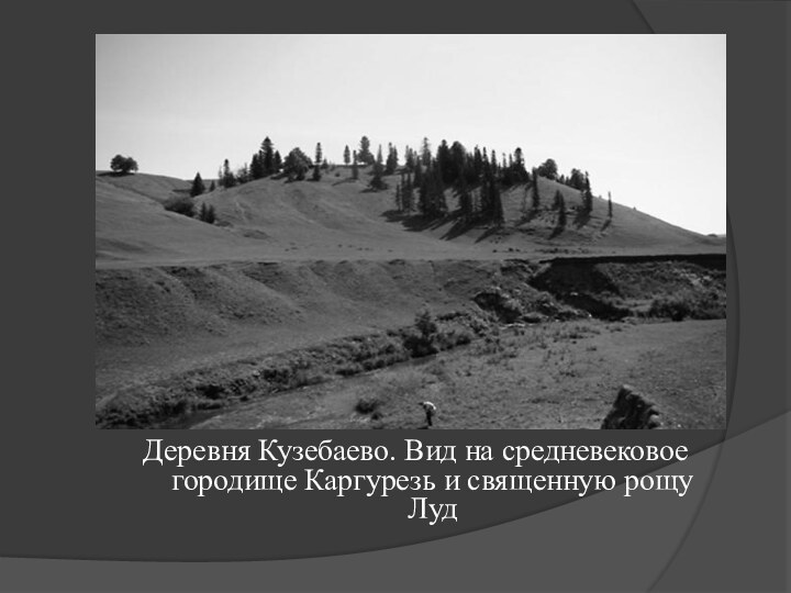 Деревня Кузебаево. Вид на средневековое городище Каргурезь и священную рощу Луд