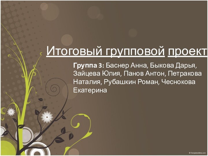 Итоговый групповой проектГруппа 3: Баснер Анна, Быкова Дарья, Зайцева Юлия, Панов Антон,