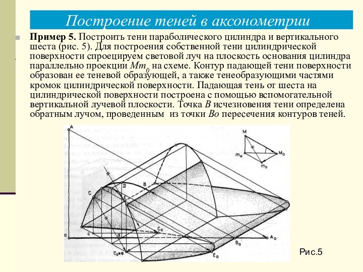 Построение теней в аксонометрииРис.5Пример 5. Построить тени параболического