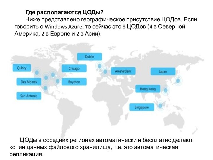 Где располагаются ЦОДы? 	Ниже представлено географическое присутствие ЦОДов. Если говорить о Windows