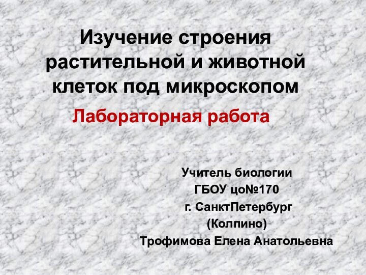 Изучение строения растительной и животной клеток под микроскопомЛабораторная работаУчитель биологииГБОУ цо№170 г. СанктПетербург(Колпино)Трофимова Елена Анатольевна