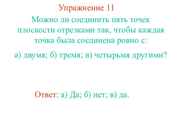 Упражнение 11Можно ли соединить пять точек плоскости отрезками так, чтобы каждая точка