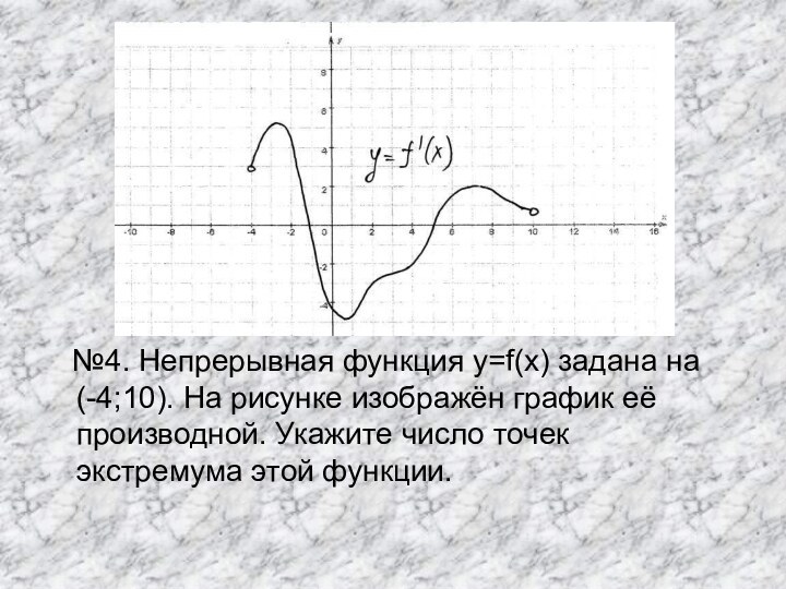 №4. Непрерывная функция y=f(x) задана на (-4;10). На рисунке изображён