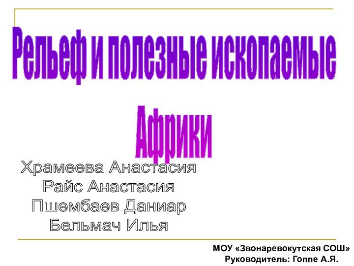 Рельеф и полезные ископаемыеАфрикиХрамеева АнастасияРайс АнастасияПшембаев ДаниарБельмач ИльяМОУ «Звонаревокутская СОШ»Руководитель: Гоппе А.Я.