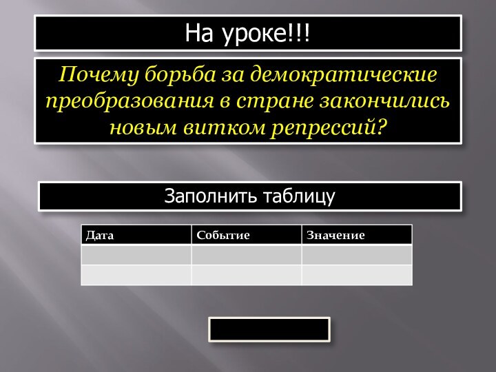 На уроке!!!Почему борьба за демократические преобразования в стране закончились новым витком репрессий?Заполнить таблицу