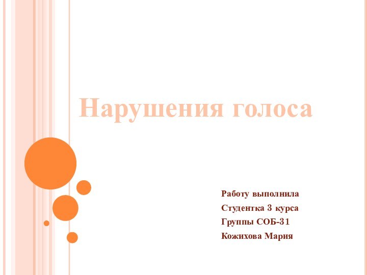 Работу выполнилаСтудентка 3 курсаГруппы СОБ-31Кожихова МарияНарушения голоса