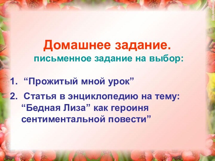 Домашнее задание. письменное задание на выбор: “Прожитый мной урок” Статья в энциклопедию