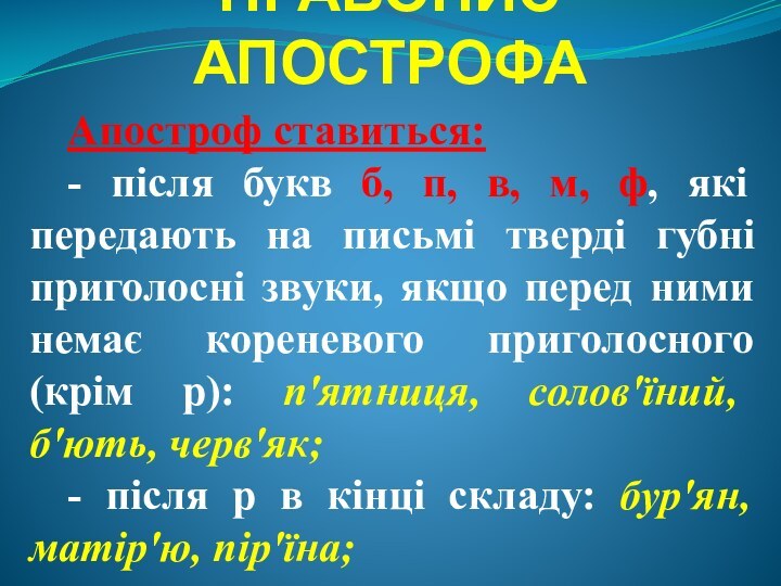 ПРАВОПИС  АПОСТРОФААпостроф ставиться:- після букв б, п, в, м, ф, які