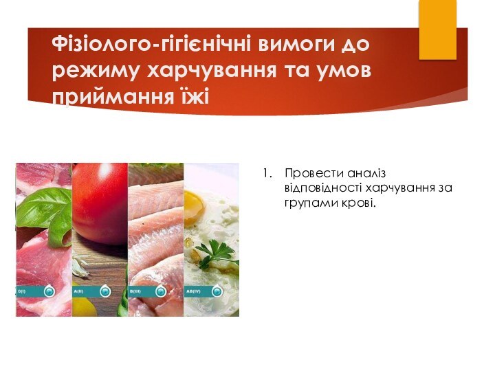 Фізіолого-гігієнічні вимоги до режиму харчування та умов приймання їжіПровести аналіз відповідності харчування за групами крові.