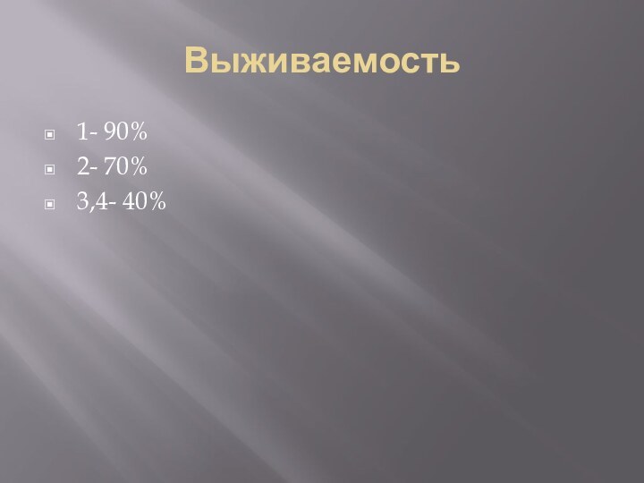 Выживаемость1- 90%2- 70%3,4- 40%