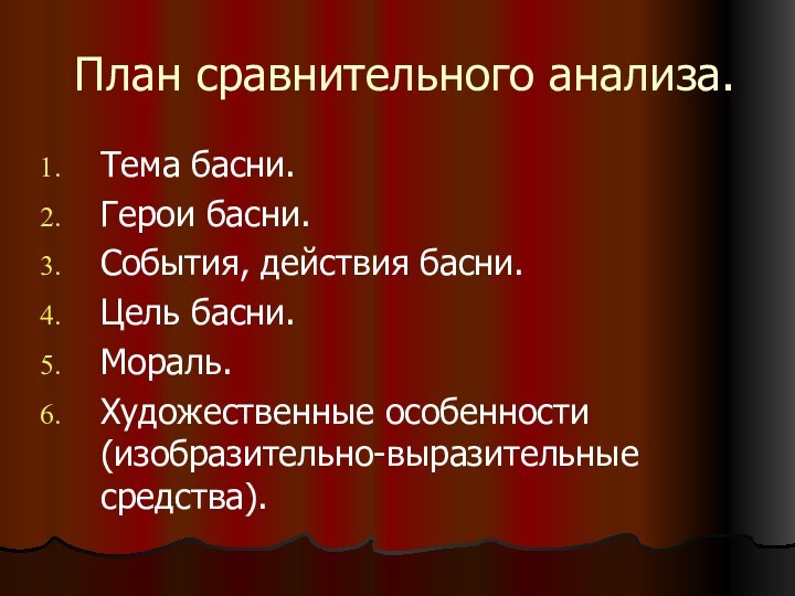 План сравнительного анализа.Тема басни.Герои басни.События, действия басни.Цель басни.Мораль.Художественные особенности (изобразительно-выразительные средства).