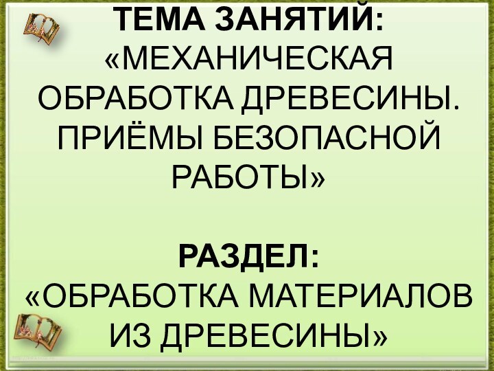 ТЕМА ЗАНЯТИЙ: «МЕХАНИЧЕСКАЯ ОБРАБОТКА ДРЕВЕСИНЫ. ПРИЁМЫ БЕЗОПАСНОЙ РАБОТЫ»  РАЗДЕЛ:  «ОБРАБОТКА МАТЕРИАЛОВ ИЗ ДРЕВЕСИНЫ»http://aida.ucoz.ru