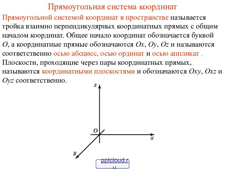 Прямоугольная система координатПрямоугольной системой координат в пространстве называется тройка взаимно перпендикулярных координатных