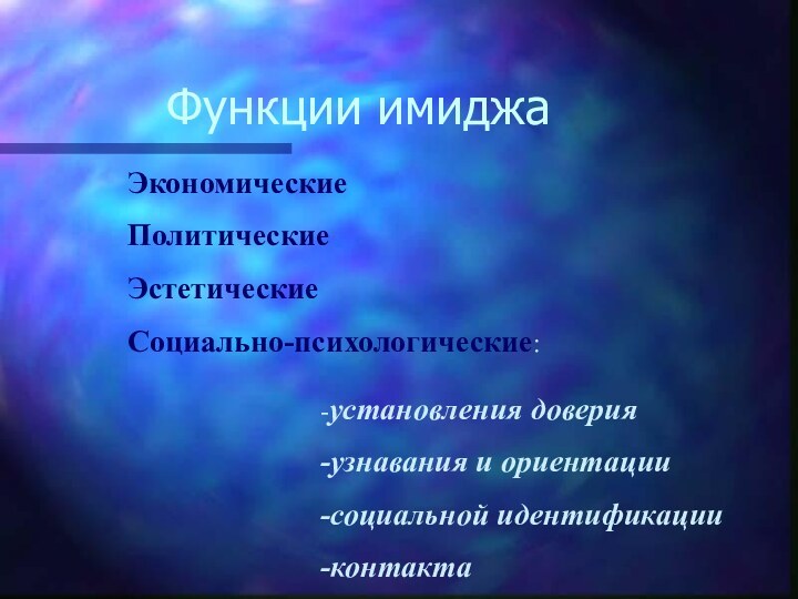 Функции имиджаЭкономическиеПолитическиеЭстетическиеСоциально-психологические:-установления доверия-узнавания и ориентации-социальной идентификации-контакта