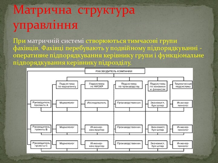 При матричній системі створюються тимчасові групи фахівців. Фахівці перебувають у подвійному підпорядкуванні