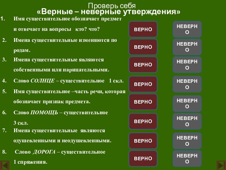 Проверь себя«Верные – неверные утверждения»ВЕРНОНЕВЕРНОВЕРНОВЕРНОВЕРНОВЕРНОВЕРНОВЕРНОВЕРНОНЕВЕРНОНЕВЕРНОНЕВЕРНОНЕВЕРНОНЕВЕРНОНЕВЕРНОНЕВЕРНОИмя существительное обозначает предмет и отвечает на вопросы