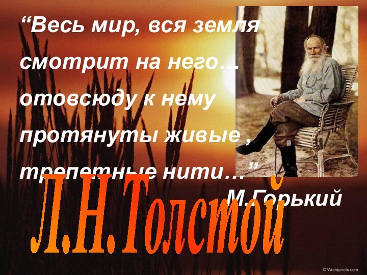 “Весь мир, вся земля смотрит на него…отовсюду к нему протянуты живые , трепетные нити…” М.ГорькийЛ.Н.Толстой