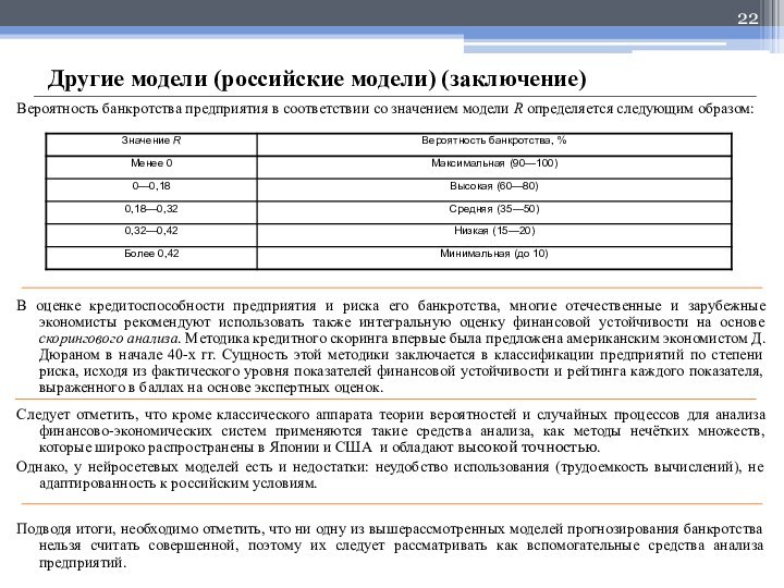 Вероятность банкротства предприятия в соответствии со значением модели R определяется следующим образом:В