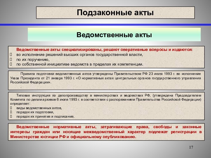 Ведомственные актыПодзаконные актыПравила подготовки ведомственных актов утверждены Правительством РФ 23 июля 1993