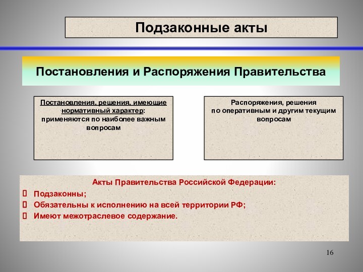 Постановления и Распоряжения ПравительстваАкты Правительства Российской Федерации:Подзаконны;Обязательны к исполнению на всей