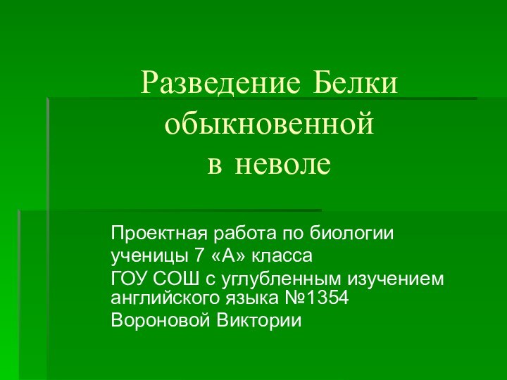 Разведение Белки обыкновенной  в неволеПроектная работа по биологииученицы 7 «А» классаГОУ