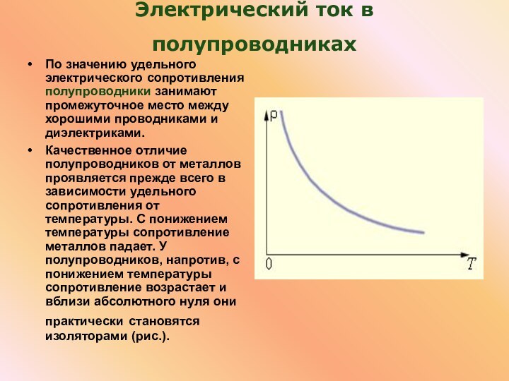 Электрический ток в полупроводниках По значению удельного электрического сопротивления полупроводники занимают промежуточное