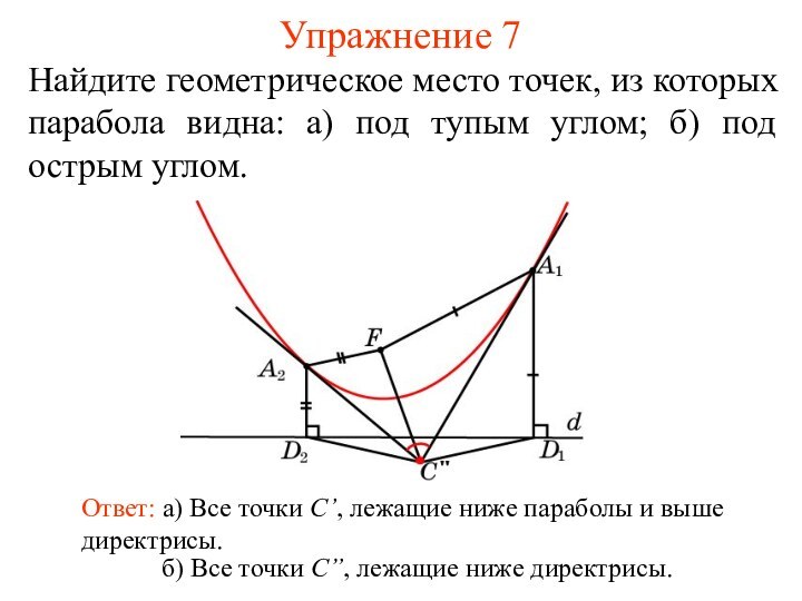 Упражнение 7Найдите геометрическое место точек, из которых парабола видна: а) под тупым