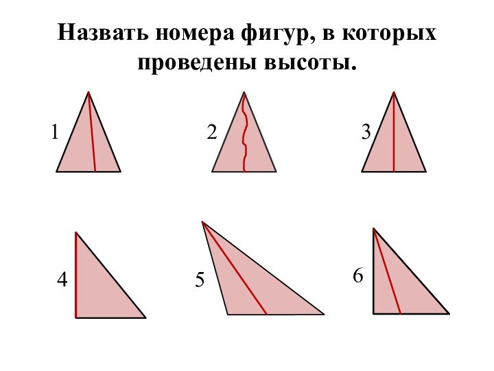 Назвать номера фигур, в которых проведены высоты.213456