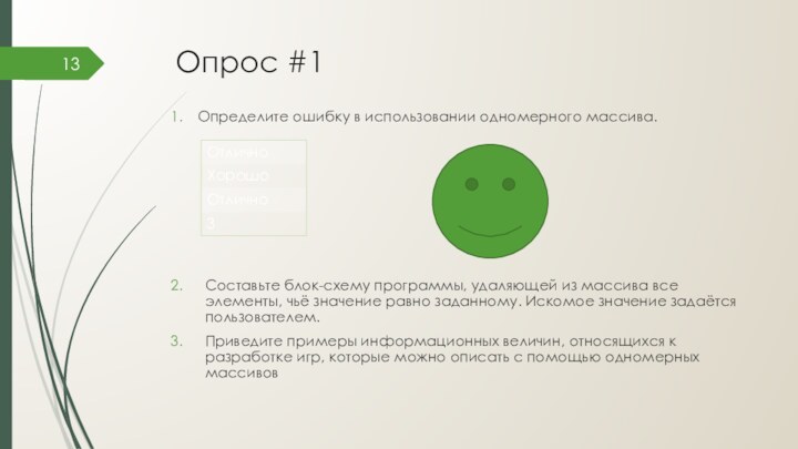 Опрос #1Определите ошибку в использовании одномерного массива.	 Составьте блок-схему программы, удаляющей из