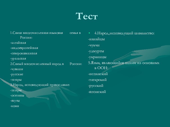 Тест1.Самая многочисленная языковая	семья в России:-алтайская-индоевропейская-северокавказская-уральская2.Самый многочисленный народ в 	России:-чуваши-русские-татары3.Народ, исповедующий православие:-татары-осетины-якуты-коми 4.Народ,исповедущий