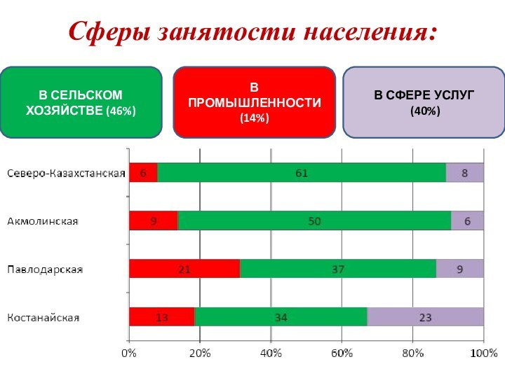 Сферы занятости населения:  В СЕЛЬСКОМ ХОЗЯЙСТВЕ (46%)В ПРОМЫШЛЕННОСТИ (14%)В СФЕРЕ УСЛУГ (40%)