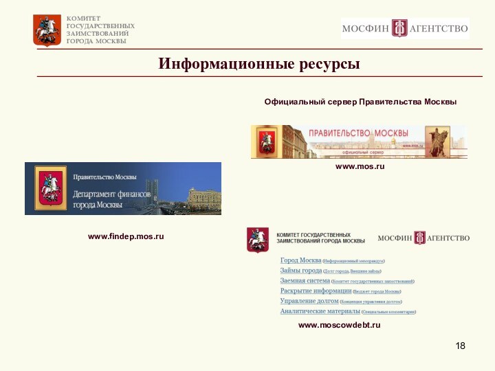 Информационные ресурсыwww.findep.mos.ruwww.moscowdebt.ruwww.mos.ruОфициальный сервер Правительства Москвы