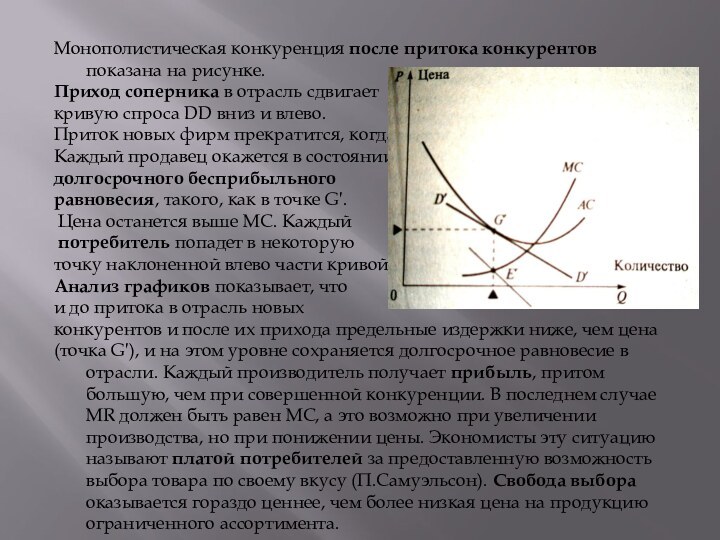 Монополистическая конкуренция после притока конкурентов показана на рисунке.Приход соперника в отрасль сдвигает