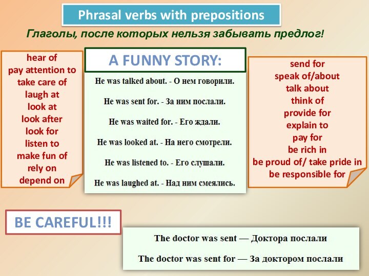 Phrasal verbs with prepositionsГлаголы, после которых нельзя забывать предлог!hear ofpay attention totake