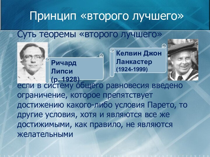 Принцип «второго лучшего»Суть теоремы «второго лучшего»если в систему общего равновесия введено ограничение,