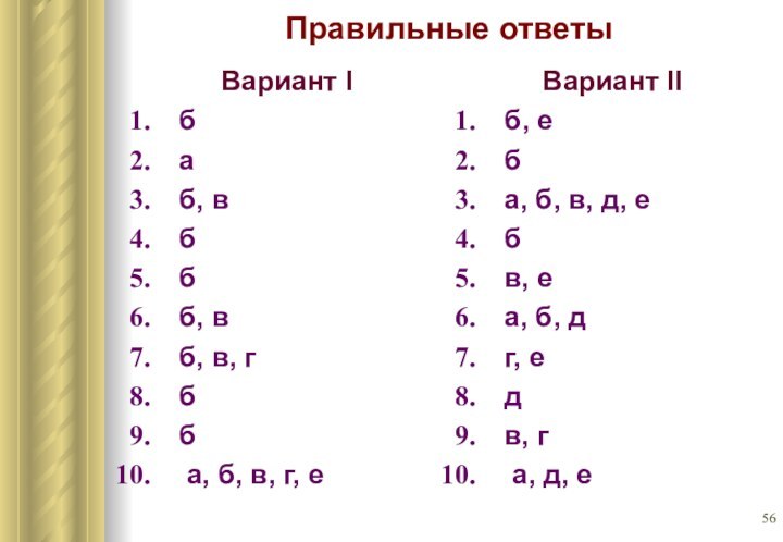 Правильные ответыВариант Iбаб, вббб, вб, в, гбб а, б, в, г, еВариант