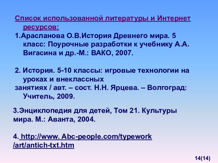 Список использованной литературы и Интернет ресурсов: