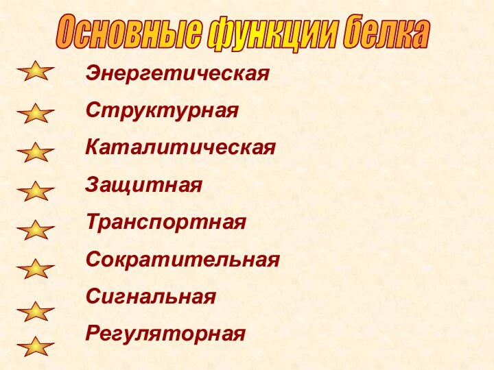 ЭнергетическаяСтруктурнаяКаталитическаяЗащитнаяТранспортнаяСократительнаяСигнальнаяРегуляторнаяОсновные функции белка