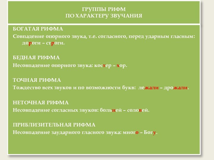 ГРУППЫ РИФМ ПО ХАРАКТЕРУ ЗВУЧАНИЯБОГАТАЯ РИФМАСовпадение опорного звука, т.е. согласного, перед ударным