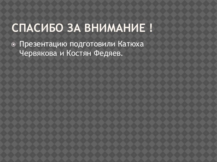 Спасибо за внимание !Презентацию подготовили Катюха Червякова и Костян Федяев.