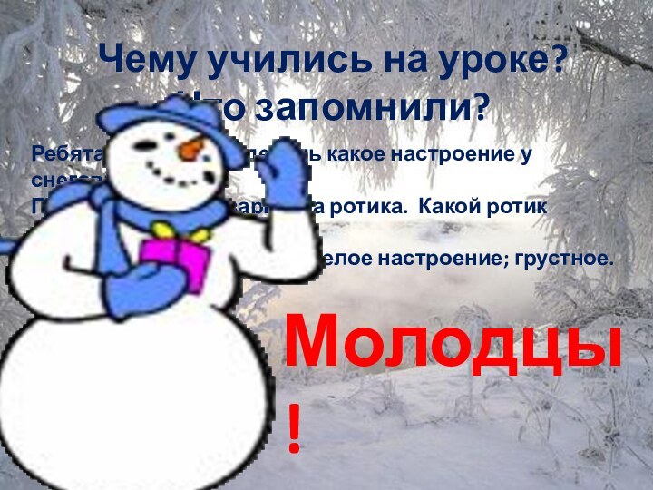 Молодцы!Чему учились на уроке? Что запомнили?Ребята, можем определить какое настроение у снеговика?Почему?