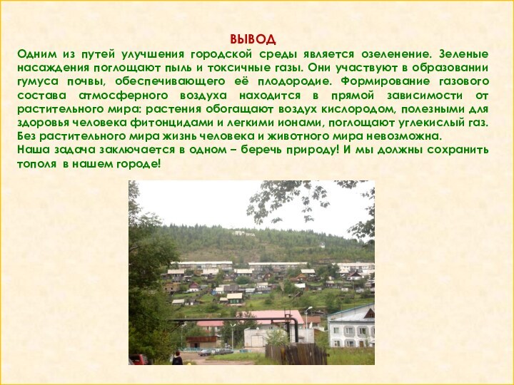 ВЫВОДОдним из путей улучшения городской среды является озеленение. Зеленые насаждения поглощают пыль